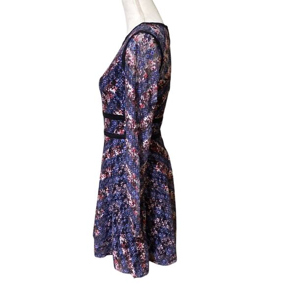 Floral Navy Sheer Long Sleeve Dress Knee Length Piping SZ Small Gothic Ruffle - Picture 4 of 14